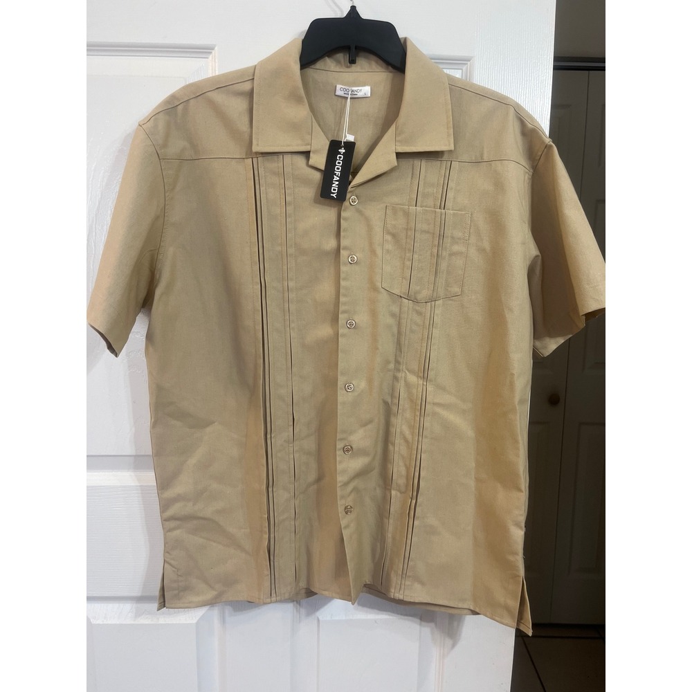 Coofandy Mens Khaki Guayabera Shirt Short Sleeve Linen Look Camp Collar Large